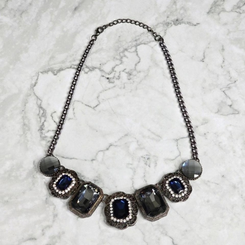 Blue Gray Rhinestone Gem‎ Chain Link Statement Necklace